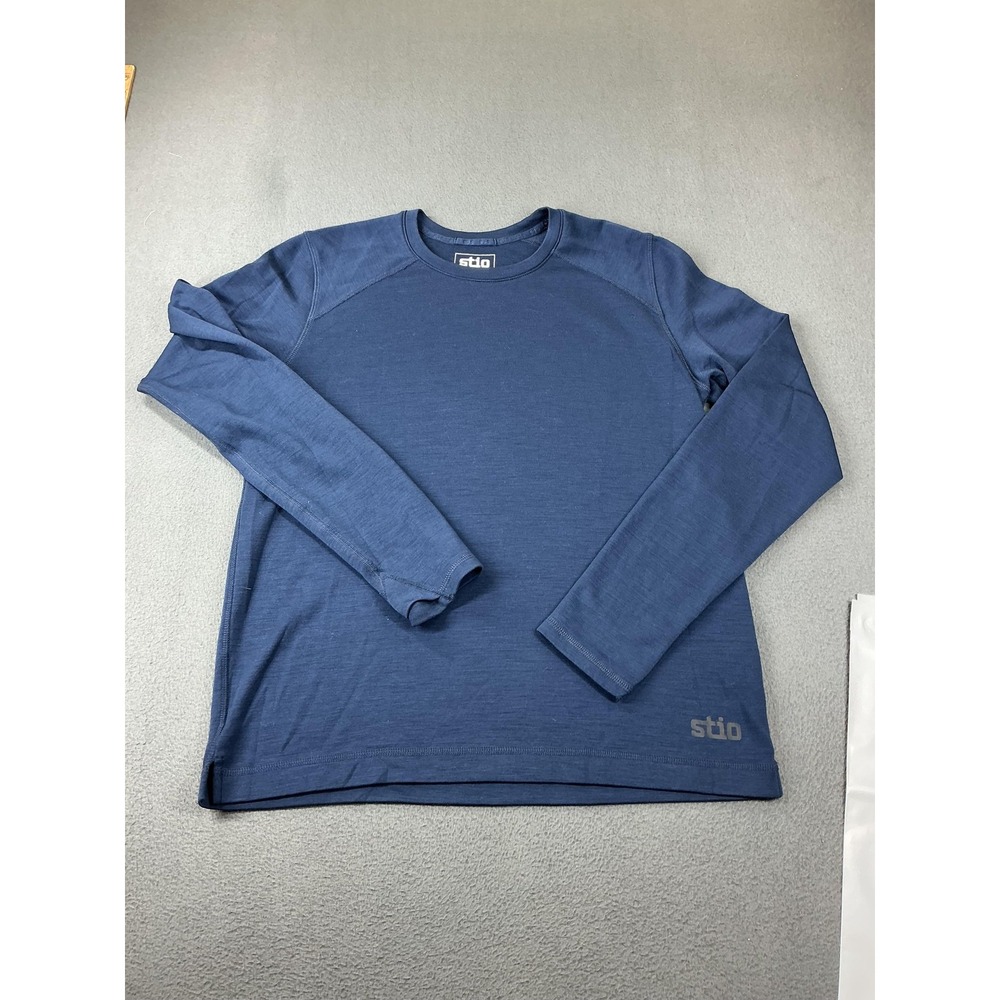 Stio Shirt Mens M Blue Long Sleeve Crew Neck Wool Tencel Blend Logo Jackson Hole